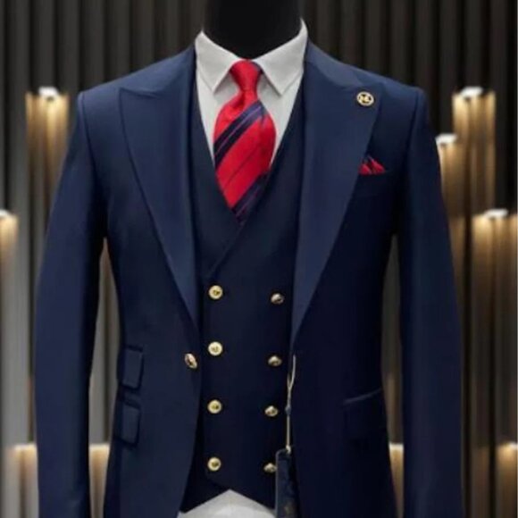 Mens One Button Peak Lapel Vested Wool Suit with Gold buttons in Navy Blue - Picture 1 of 2
